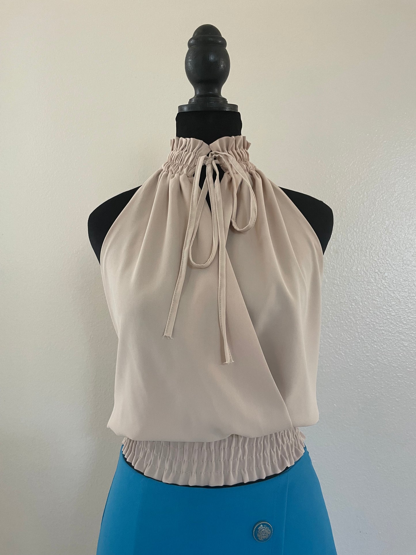 Shirred High Neck Surplice Top